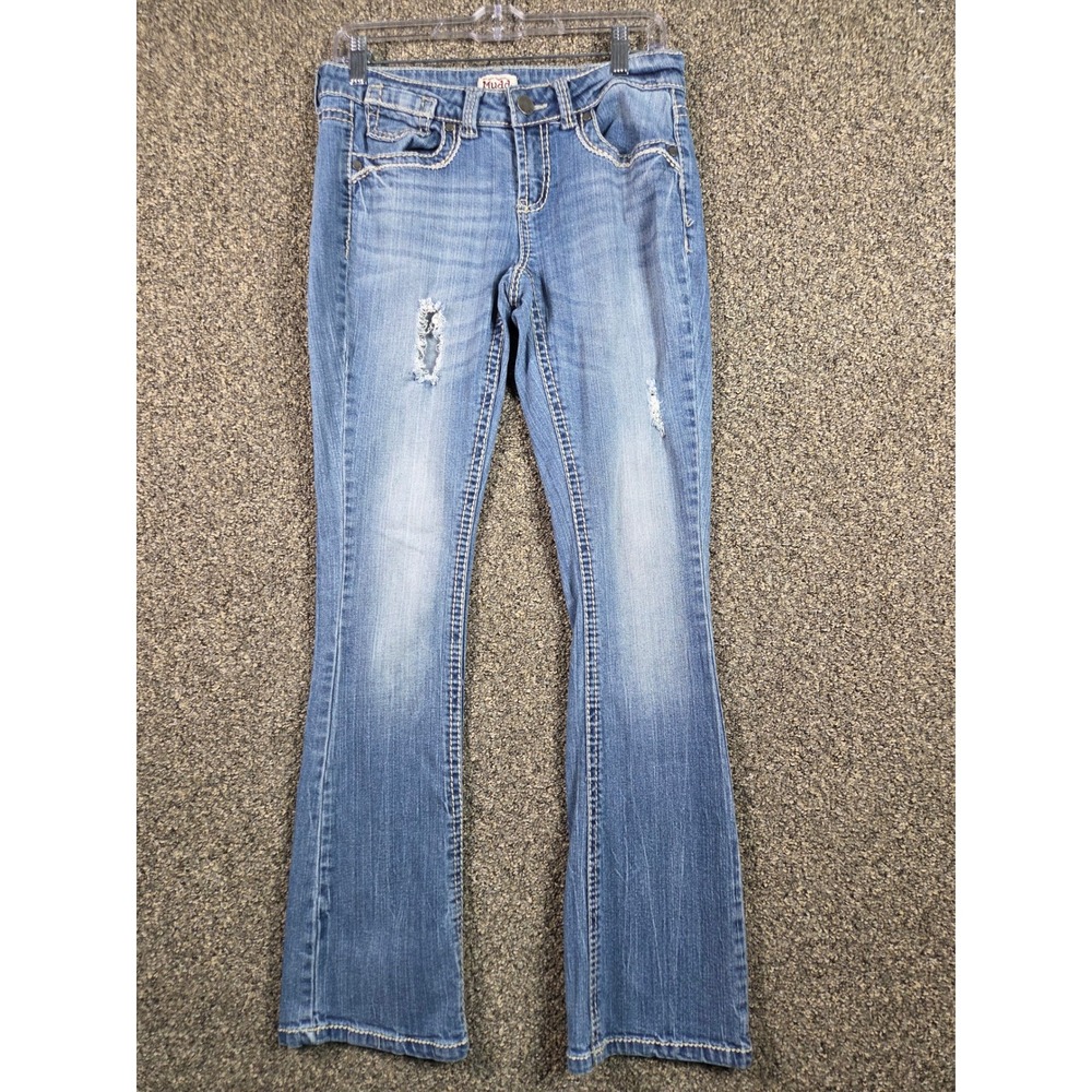 Mudd Flare Jeans Women Size 9 Blue Distressed Y2K Vintage Contrast Stitch Denim